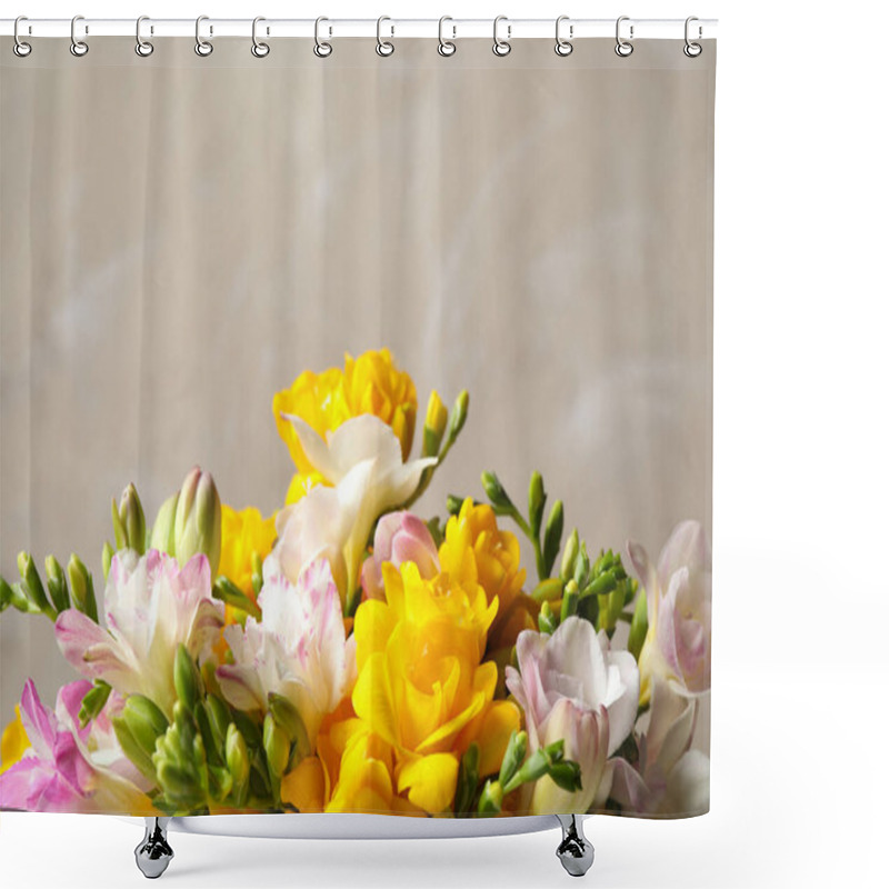 Personality  Beautiful Blooming Freesias Against Grey Background, Closeup. Space For Text Shower Curtains