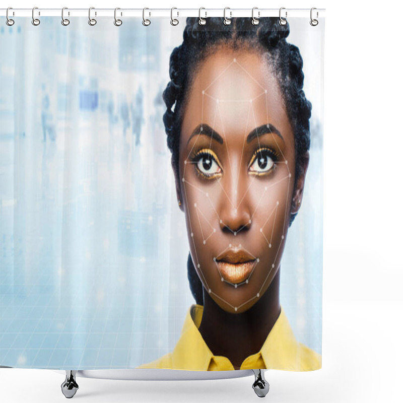 Personality  Portrait Of Attractive African Woman With Facial Recognition Technology On Airport Background Shower Curtains