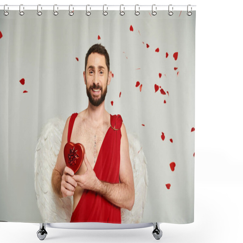 Personality  Happy Bearded Man Dressed As Cupid With Red Hear-shaped St Valentines Present On Grey, Costume Party Shower Curtains