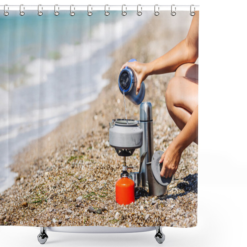 Personality  Woman Boiling Water On Camping Stove On Sea Shore. Bushcraft Equipment Shower Curtains