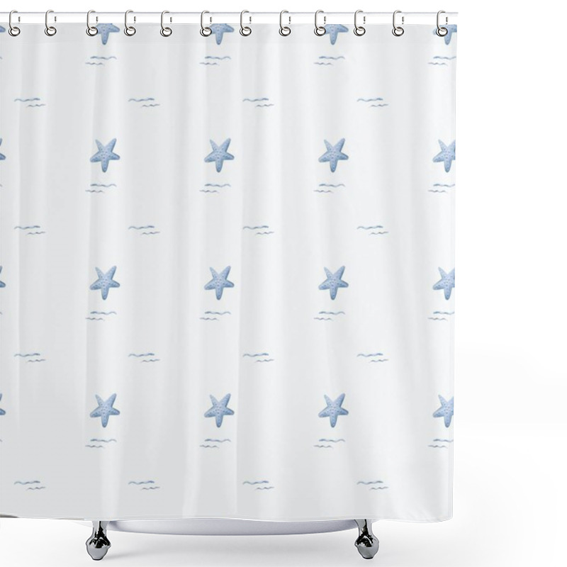 Personality  This Textile Pattern Showcases Soft Blue Marine Stars And Gentle Waves On A Light Background, Ideal For Various Uses. Shower Curtains