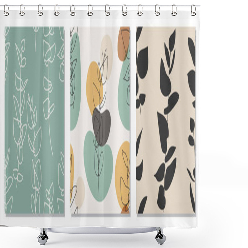 Personality  Set Of Trendy Minimalist Seamless Botanical Pattern With Line Art Composition Shower Curtains