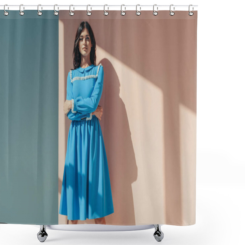 Personality  Woman In Fashionable Turquoise Dress Shower Curtains