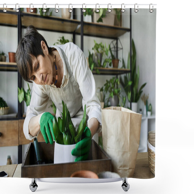 Personality  A Gardener Lovingly Arranges Her Beloved Plants In A Bright Studio. Shower Curtains