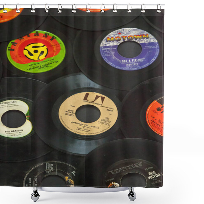 Personality  WOODBRIDGE, NEW JERSEY - October 11, 2018: A Collection Of 1960s 45 Speed Records, Including The Beatles, Don McLean, Four Tops, Aretha Franklin, And Creedence Clearwater Revival. Shower Curtains