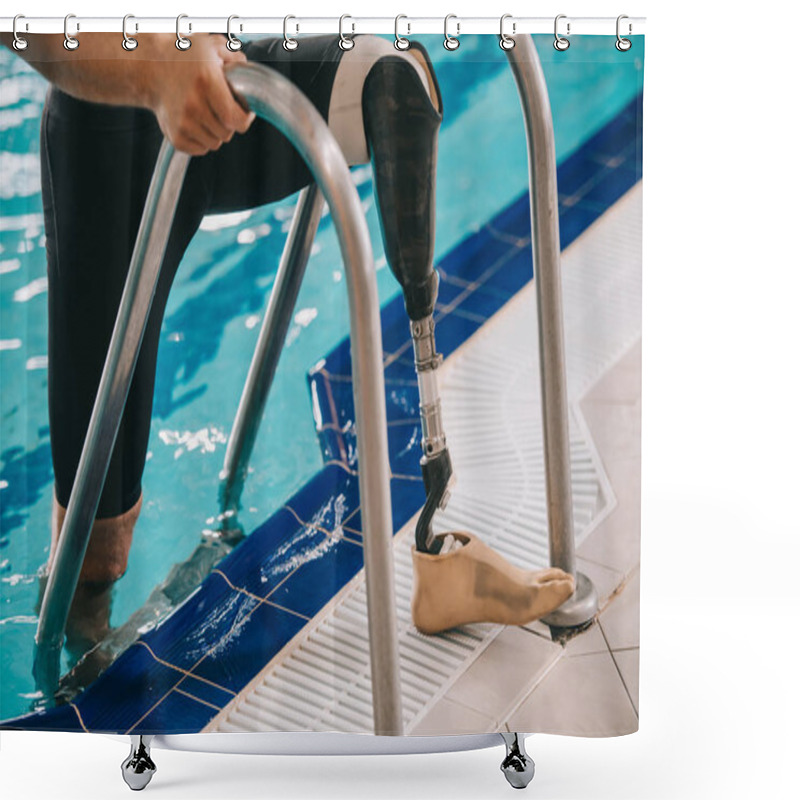 Personality  Cropped Shot Of Swimmer With Prosthetic Leg Getting Out Of Swimming Pool Shower Curtains