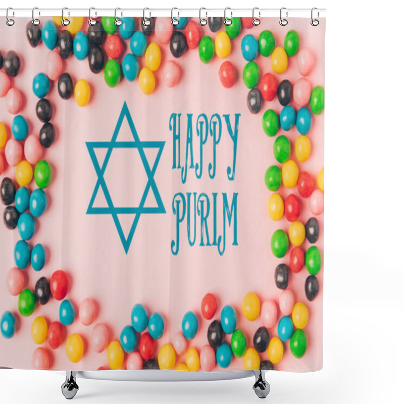 Personality  Top View Of Arranged Candies Isolated On Pink, Purim Holiday Concept Shower Curtains