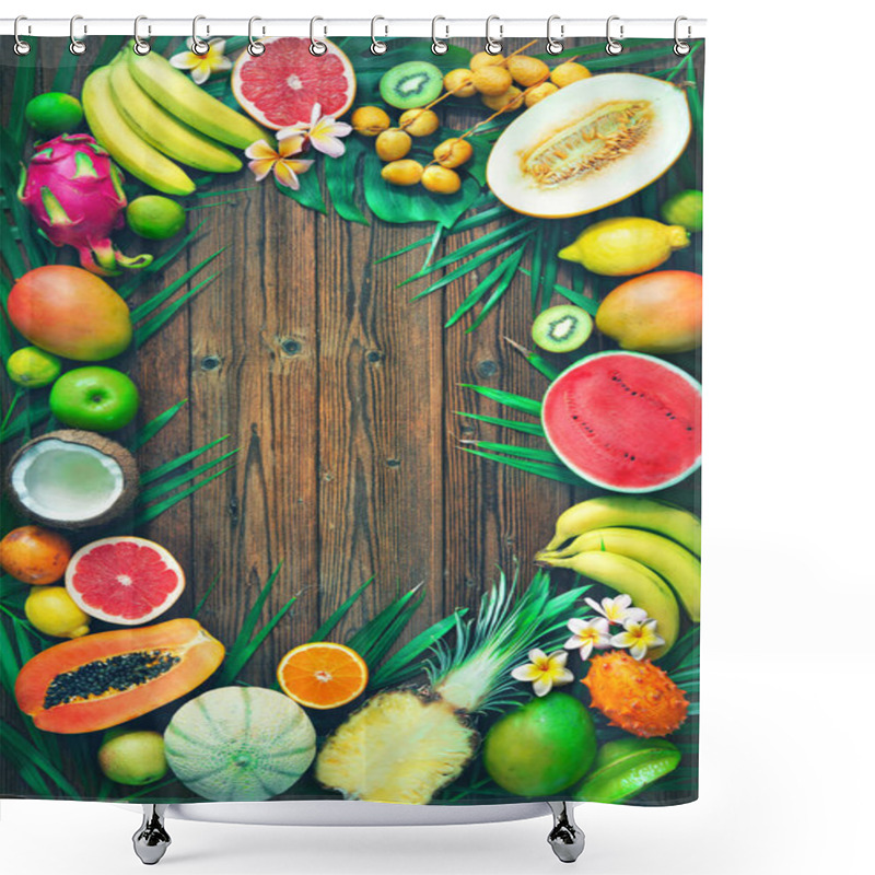 Personality  Assortment Of Tropical Fruits With Leaves Of Palm Trees And Exotic Flower On Dark Wooden Background. Top View Shower Curtains