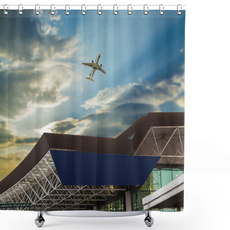 Personality  Airport At Sunset With An Airplane Taking Off Shower Curtains