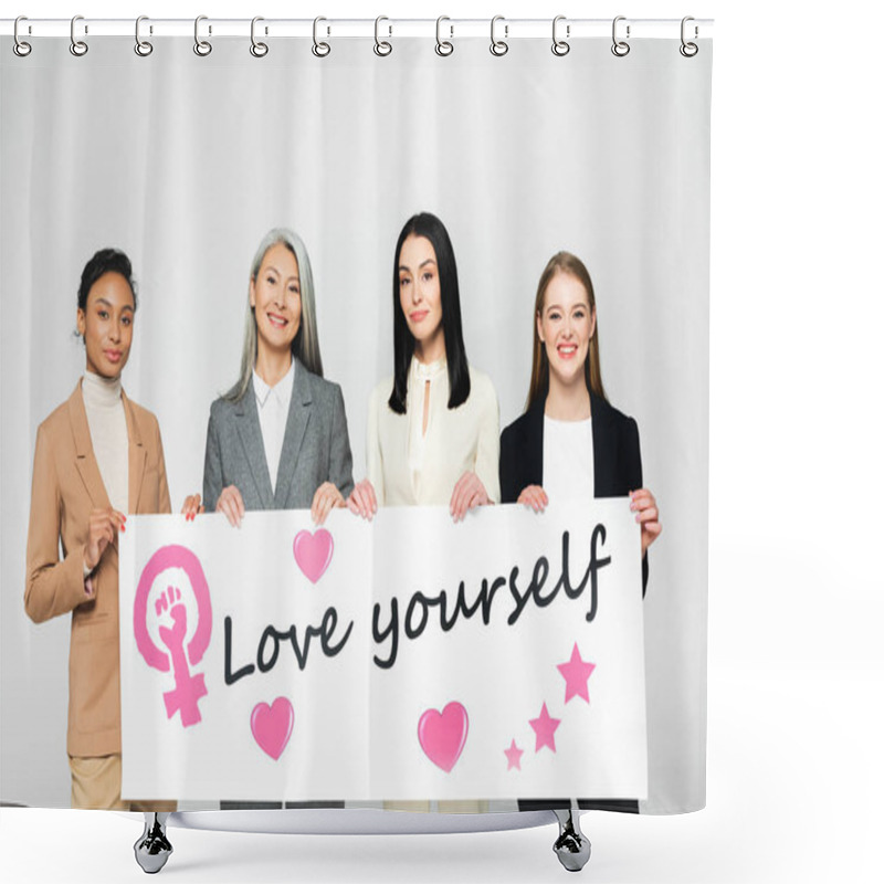 Personality  Happy Multicultural Businesswomen Holding Poster With Love Yourself Lettering Isolated On White  Shower Curtains