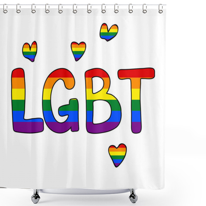 Personality  Hand Drawn Text LGBT And Hearts. Template Design, Vector Illustration. Isolated Love Wins Icon. LGBT Logo Symbol In Rainbow Flag Colors. Gay Pride Background. Cute Holiday Banner.  Shower Curtains