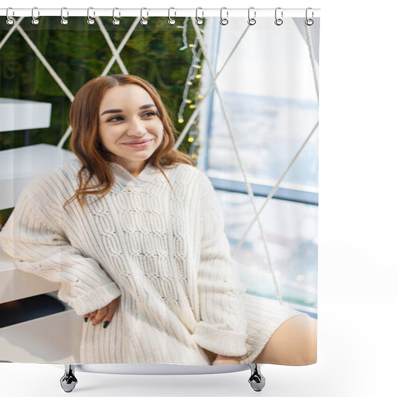 Personality  Portrait Of A Beautiful Young Woman In A White Sweater Dreaming At Home. Shower Curtains