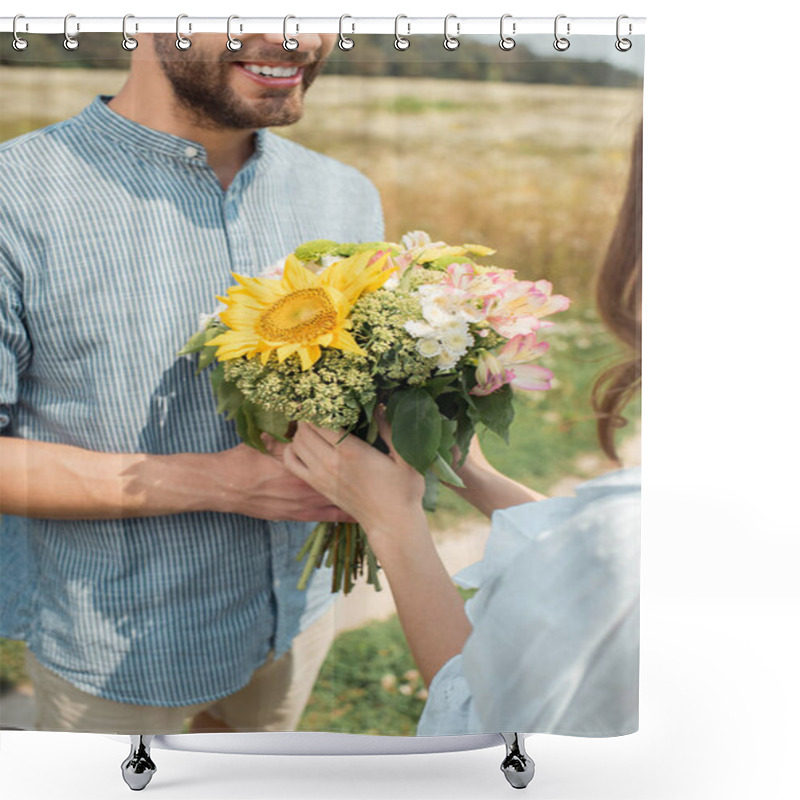 Personality  Cropped Shot Of Cheerful Man Presenting Bouquet Of Wild Flowers To Girlfriend In Summer Field Shower Curtains