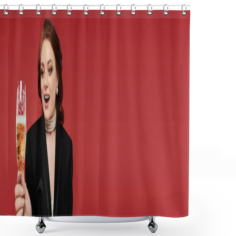 Personality  Dressed Elegantly, A Young Woman Joyfully Raises A Glass Of Champagne In Celebration. Shower Curtains