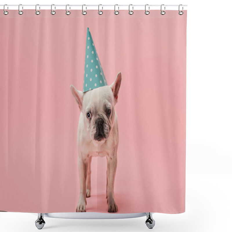 Personality  French Bulldog With Blue Birthday Cap On Pink Background Shower Curtains