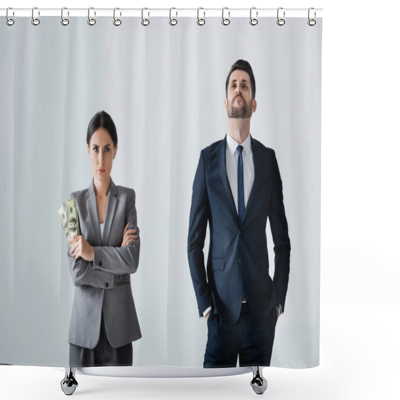 Personality  Businesswoman Holding Dollars Near Arrogant Businessman Standing With Hands In Pockets Isolated On White Shower Curtains