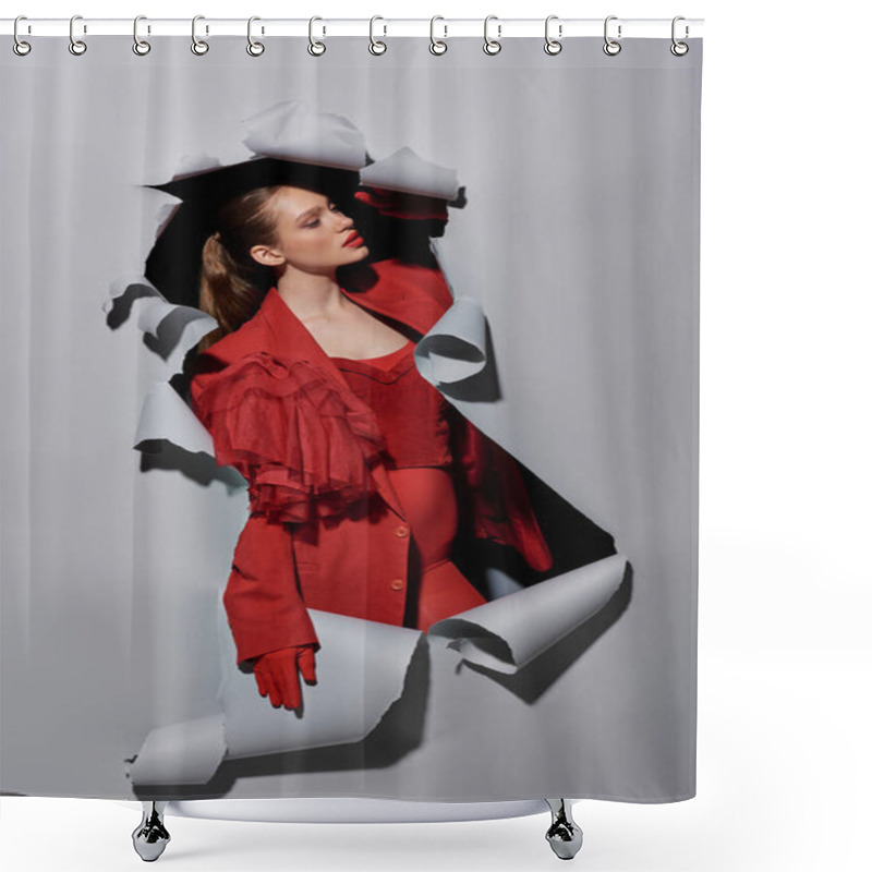 Personality  Stylish Woman In Red Blazer And Gloves Breaking Though Hole In Torn Grey Background, Conceptual Shower Curtains