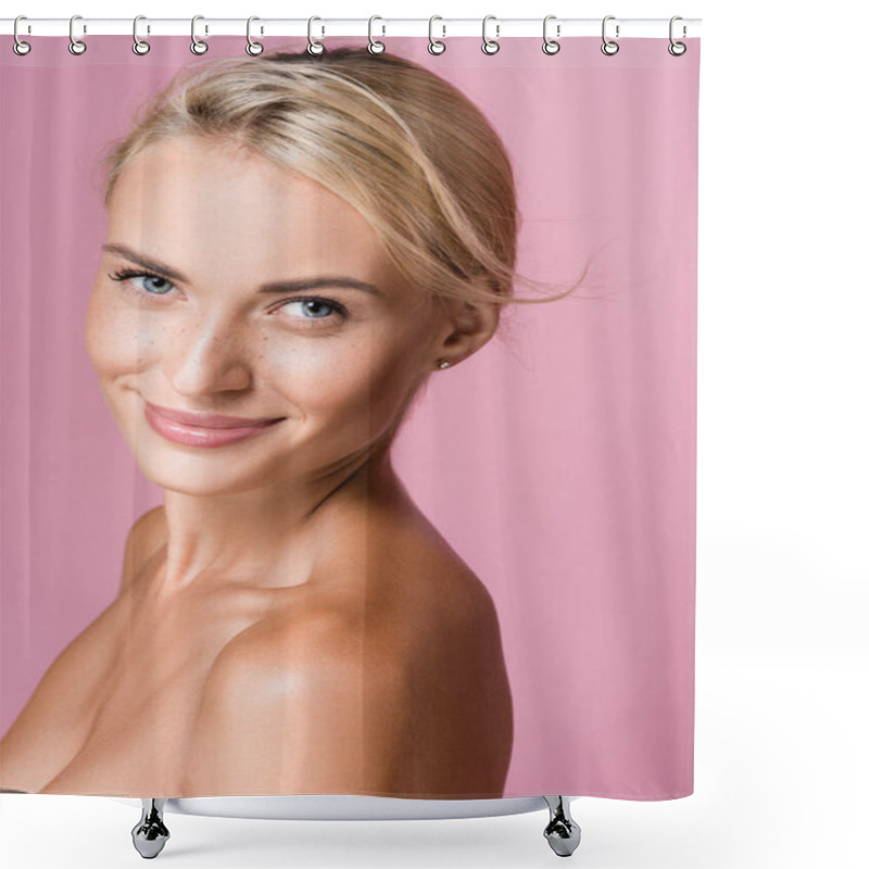 Personality  Smiling Beautiful Blonde Woman With Freckles And Bare Shoulders Isolated On Pink Shower Curtains