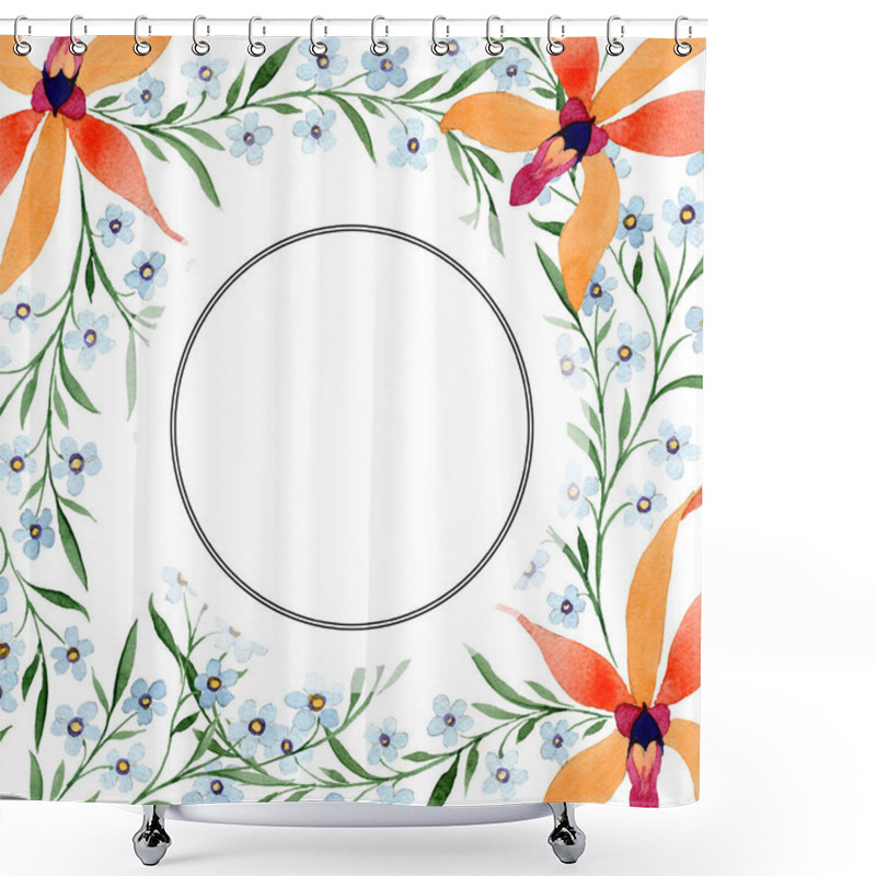 Personality  Blue And Orange Flowers As Circle Frame. Watercolour Drawing Of Background With Orchids And Forget Me Nots. Shower Curtains