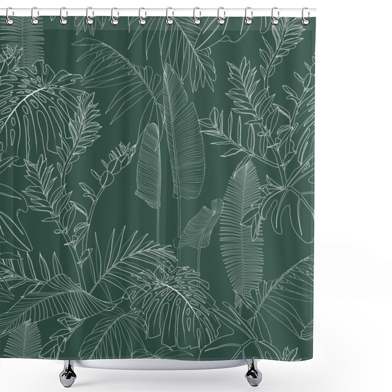 Personality  Elegant Seamless Pattern With Green Hand Drawn Line Tropical Leaves And Flowers. Floral Pattern. Vintage Green Background. Shower Curtains