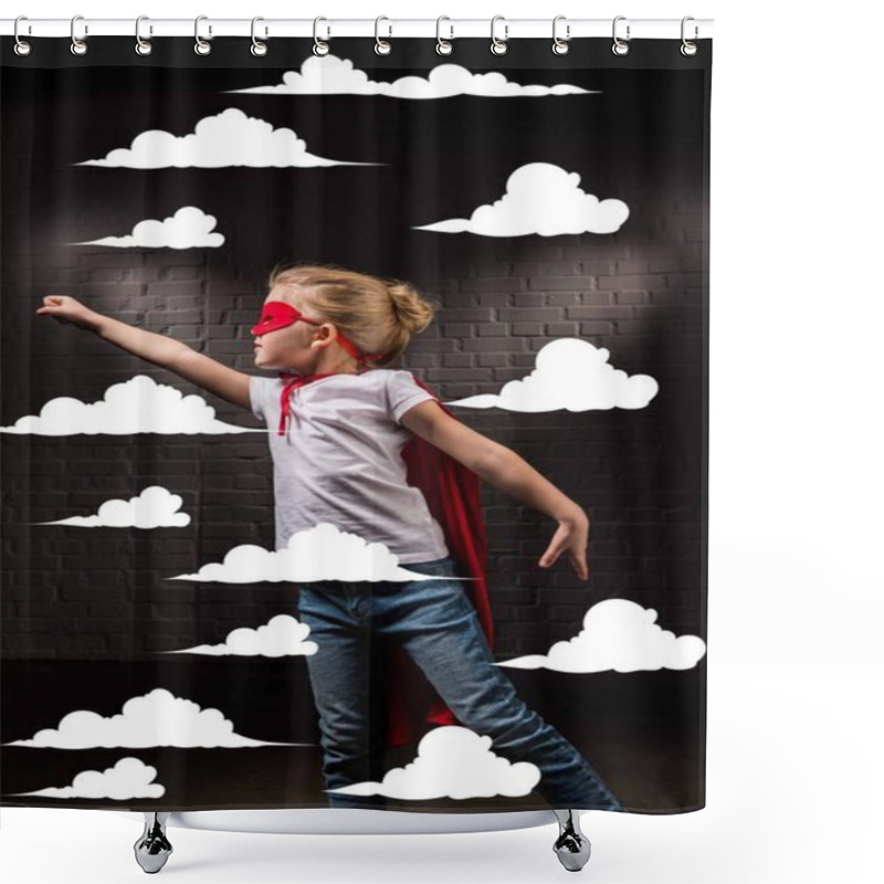 Personality  Female Child Flying In Red Superhero Mask And Flying In Clouds Shower Curtains