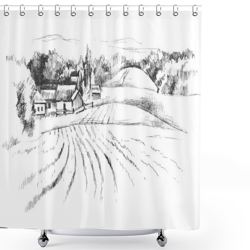 Personality  Hand Drawn Landscape With Fields Shower Curtains