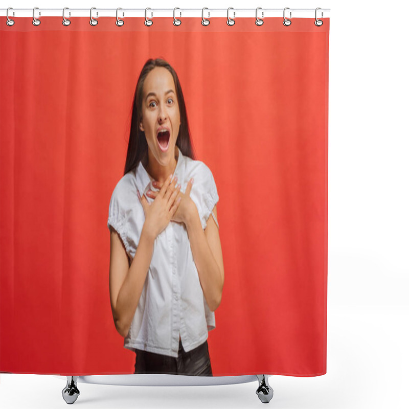 Personality  Beautiful Woman Looking Suprised Isolated On Red Shower Curtains