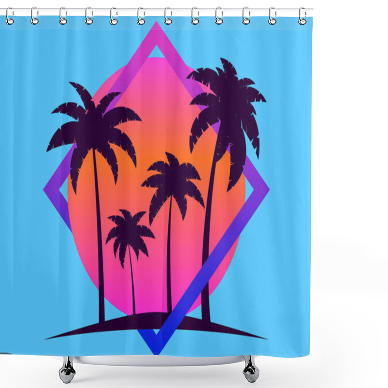 Personality  80s Palm Trees At Sunset. Summer Time. Retro Futuristic Sun. Synthwave And Retrowave Style. Design For Advertising Brochures, Banners And Posters. Vector Illustration Shower Curtains