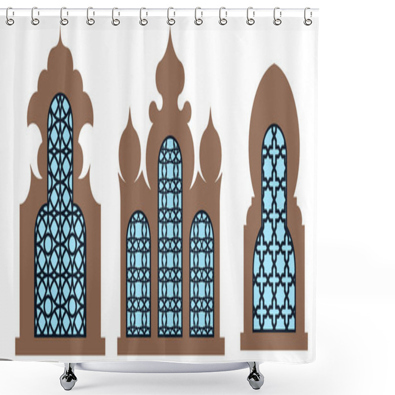 Personality  Collection Of Arabian Oriental Windows, Arches And Doors. Laser Cut Grill. Modern Design In Black Fo Frames Mosque Dome And Lanterns Islamic Ramadan Kareem And Eid Mubarak Style. Vector Illustration. Shower Curtains