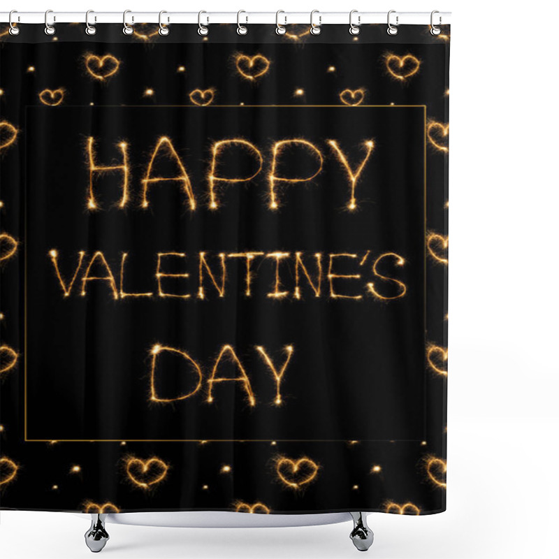 Personality  Close Up View Of Happy Valentines Day Light Lettering And Hearts On Black Background, St Valentines Day Concept Shower Curtains