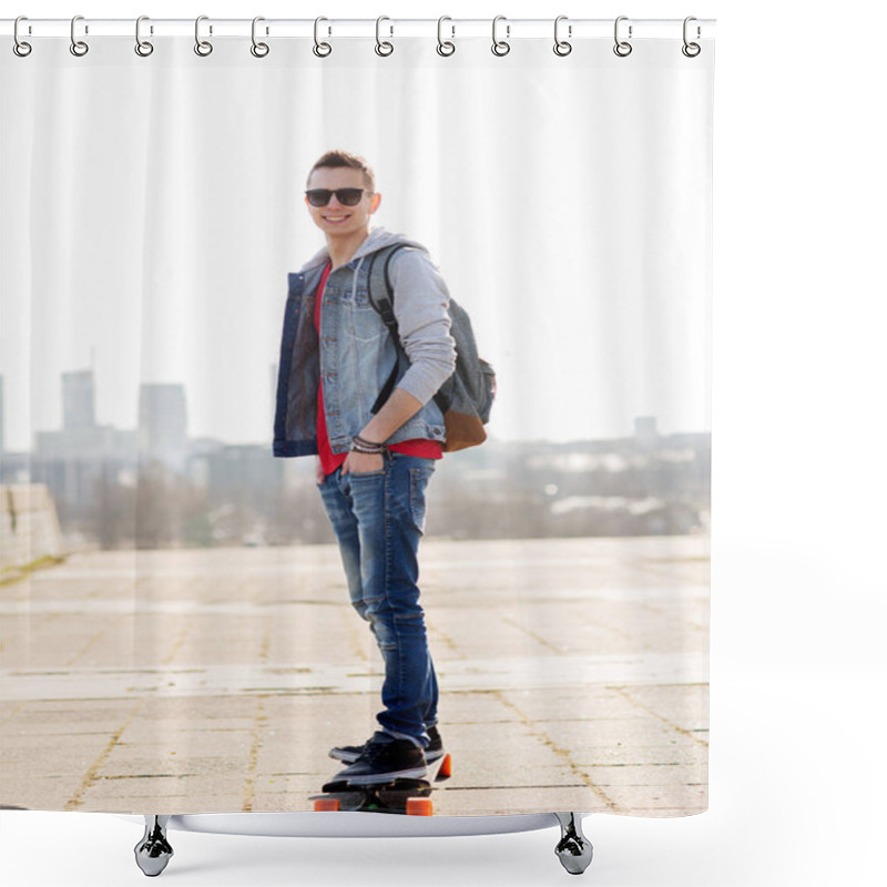 Personality  Happy Young Man Or Teenage Boy Riding On Longboard Shower Curtains