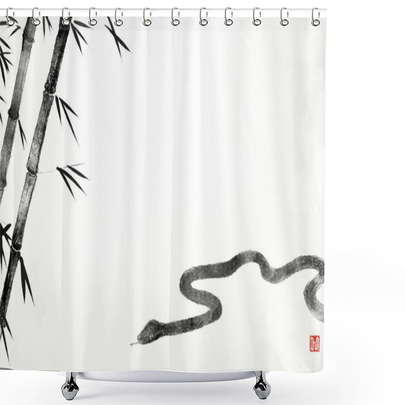 Personality  Japanese New Year's Card For The Year Of The Snake 2025, Ink Painting Style With Bamboo And Snake - Translation: Happy New Year. Snake Shower Curtains