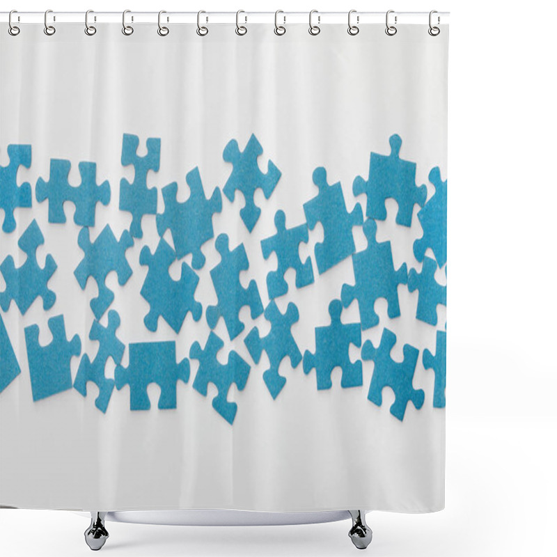 Personality  Top View Of Scattered Pieces Of Blue Jigsaw Puzzle On White Background Shower Curtains