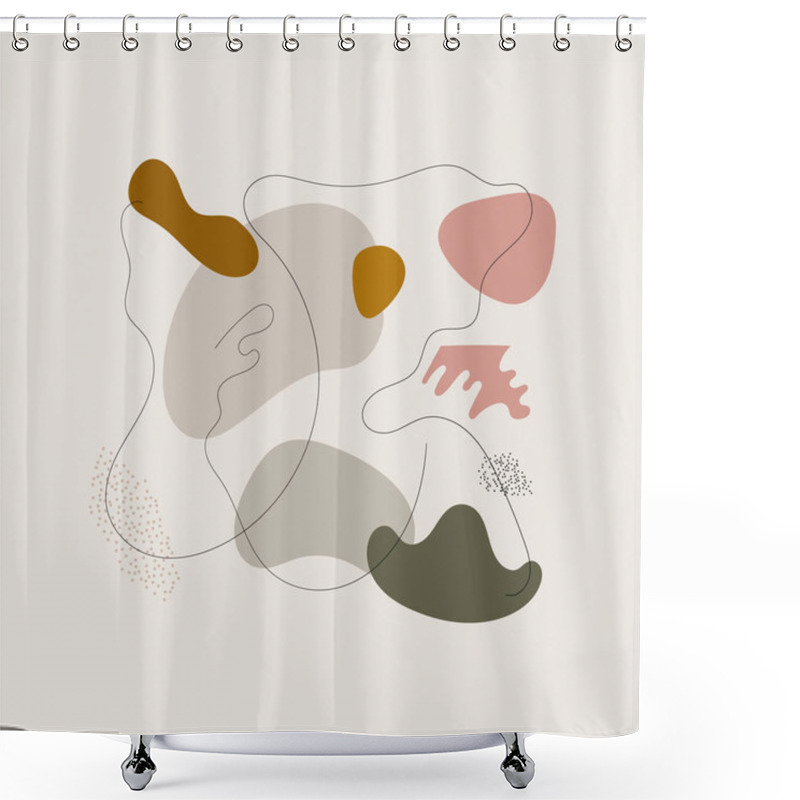 Personality  Vector Illustration. An Abstract Composition Of Organic Shapes And Smooth Lines, Made In Pastel Colors With Accents Of Pink And Mustard. Shower Curtains