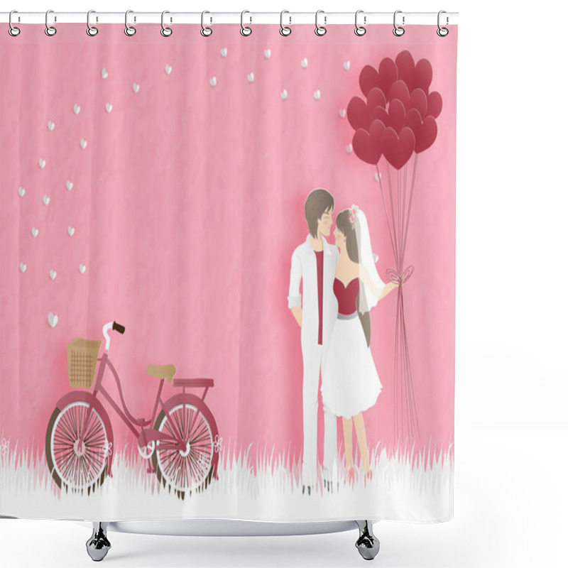 Personality  Valentine's Card With Bicycle And Couple Hugging With Heart Balloons On The Yard With Hearts And Sweet Pink Background. Text Happy Valentine's Day In Paper Cut Style. Vector Illustration.  Shower Curtains