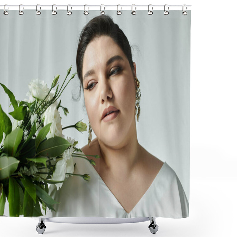 Personality  A Radiant Bride Showcases Her Beauty In A White Dress, Adorned With Earrings, Gently Holding Fresh Flowers. Shower Curtains