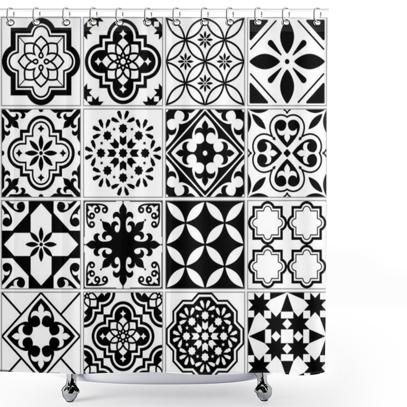 Personality  Vector Tile Pattern, Lisbon Floral Mosaic, Mediterranean Seamless Black And White Ornament Shower Curtains