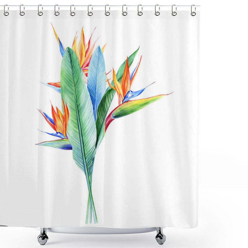 Personality  Watercolor Bouquets With Tropical Plants, Leaves And Strelitzia Flowers. Great For Valentines, Wedding Invites, Hawaii Birthday And Beach Party Shower Curtains