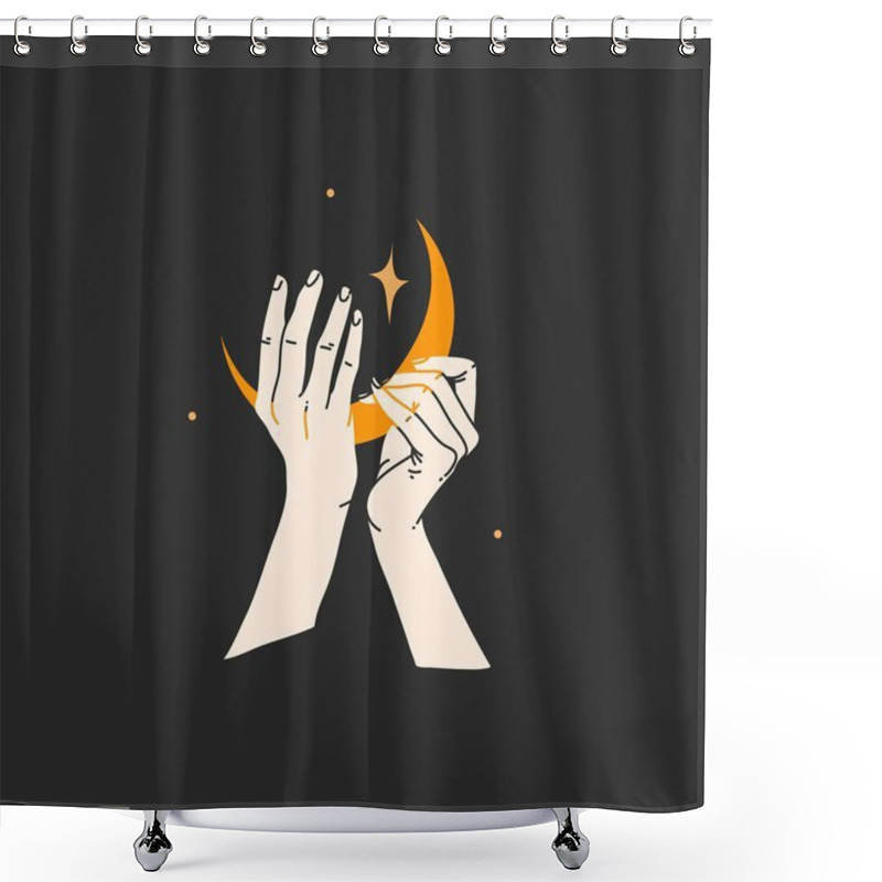 Personality  Hand Drawn Vector Abstract Stock Flat Graphic Alchemy Illustration With Logo Elements,magic Line Art Of Golden Crescent,feminine Hand Silhouette And Stars For Branding,isolated On Black Background Shower Curtains