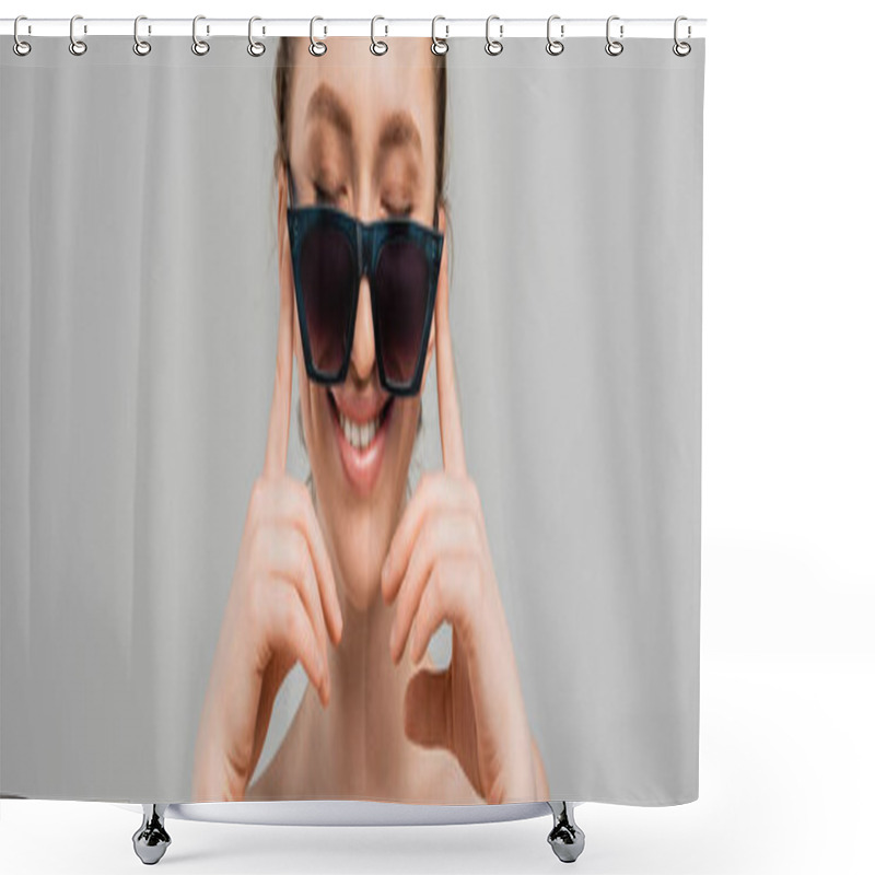 Personality  Portrait Of Young And Smiling Woman With Natural Makeup And Naked Shoulders Touching Sunglasses While Standing Isolated On Grey Background, Trendy Sun Protection Concept, Fashion Model, Banner  Shower Curtains