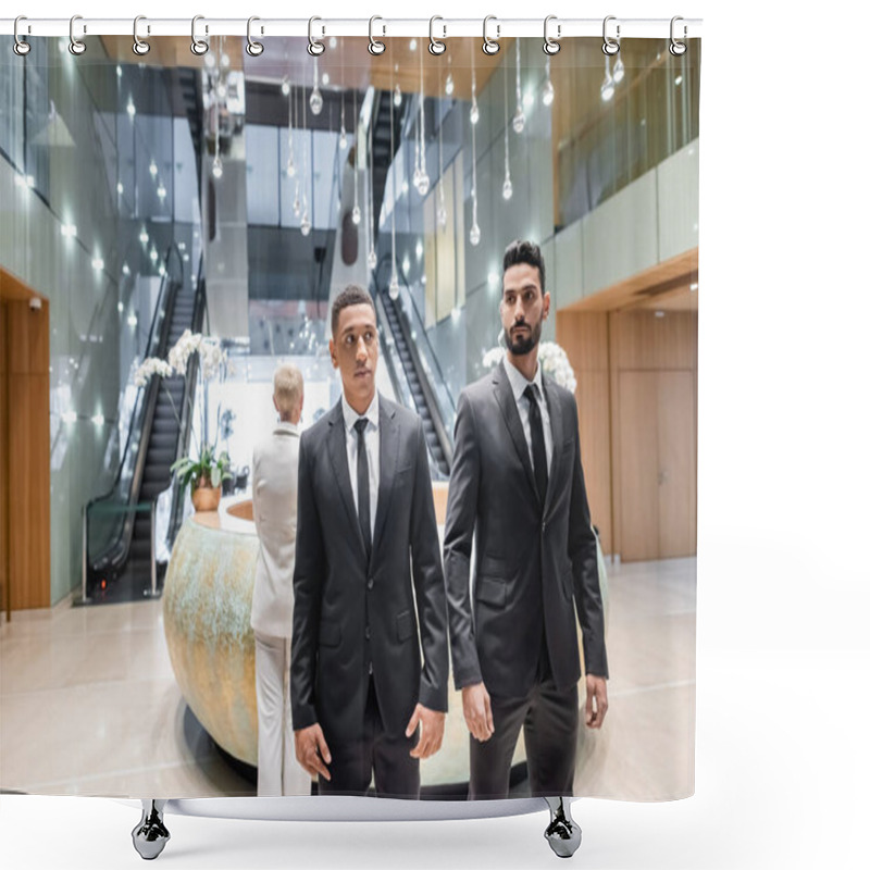 Personality  Multiethnic Bodyguards Protecting Mature Businesswoman Standing At Hotel Reception Shower Curtains