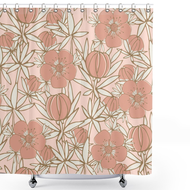 Personality  Elegant Pink Vector Seamless Floral Vector Background Pattern With Blossoms, Buds And Stems. Repeat With Delicate Petals Line Art Flowers. Botanical Backdrop With Garden And Wildflowers For Print. Shower Curtains