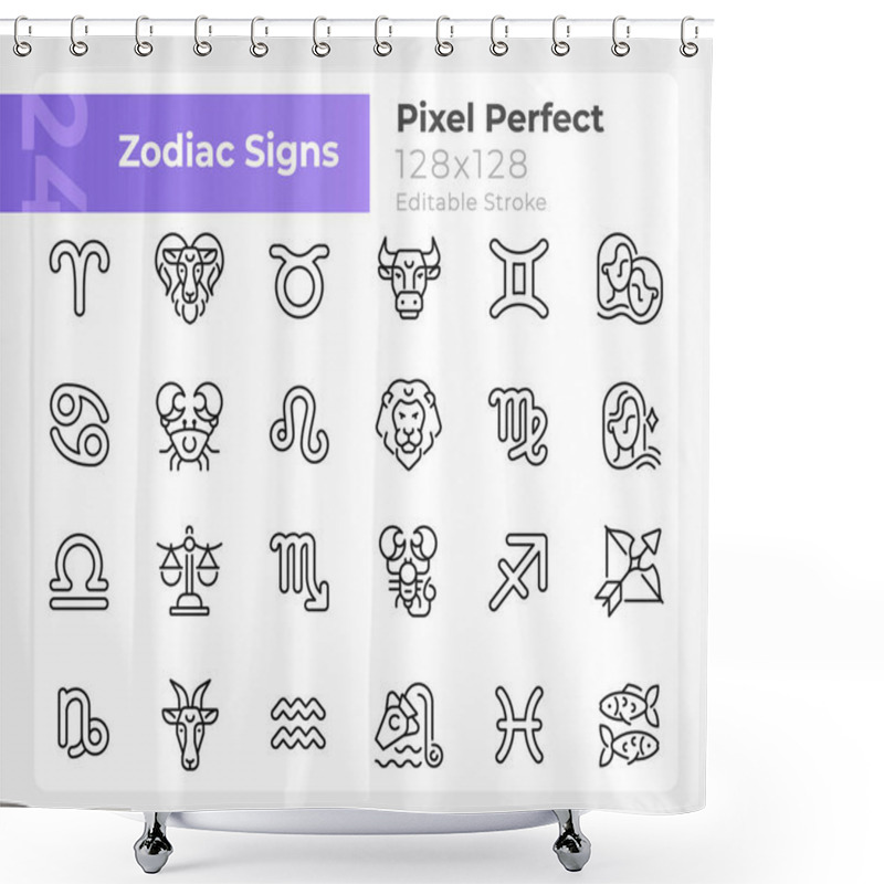 Personality  Zodiac Signs Pixel Perfect Linear Big Icons Set. Astrological Elements. Customizable Thin Line Symbols. Isolated Vector Outline Illustrations. Editable Stroke. Montserrat Bold, Light Fonts Used Shower Curtains