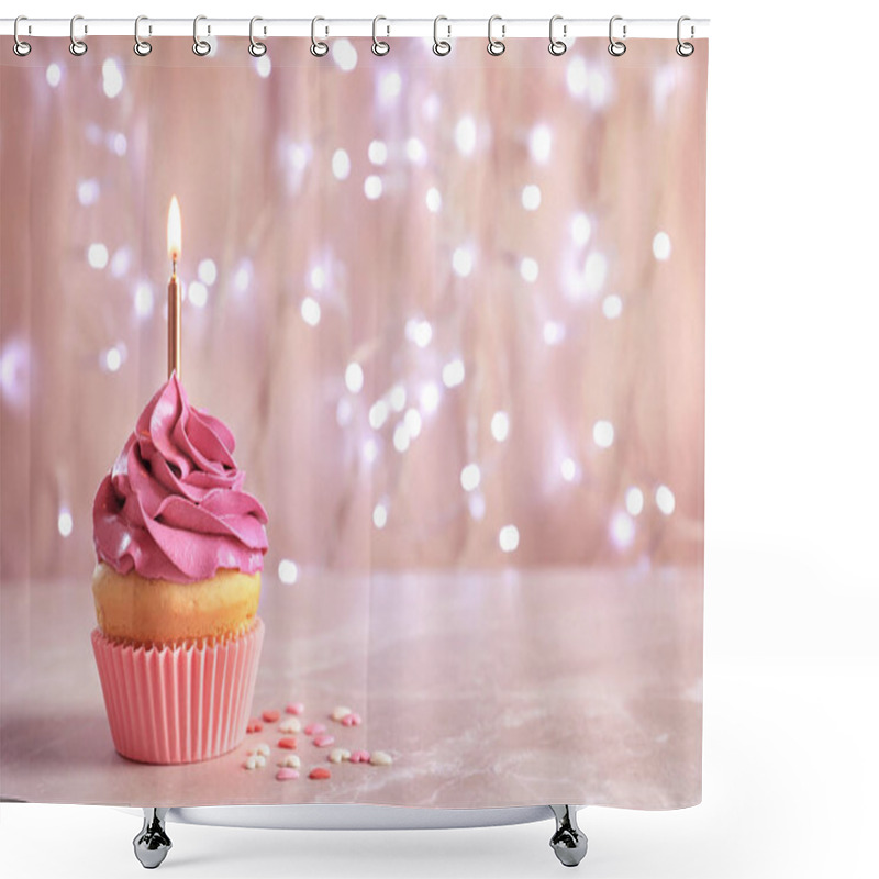 Personality  Birthday Cupcake With Burning Candle On Table Against Blurred Lights Shower Curtains