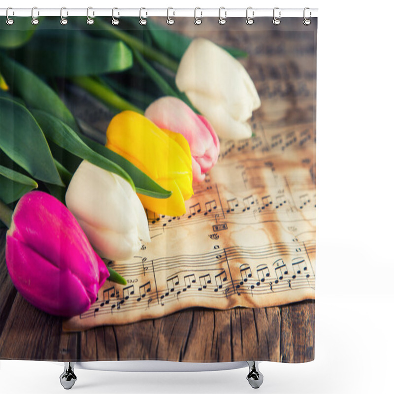 Personality  Tulips On A Music Notes Paper Shower Curtains