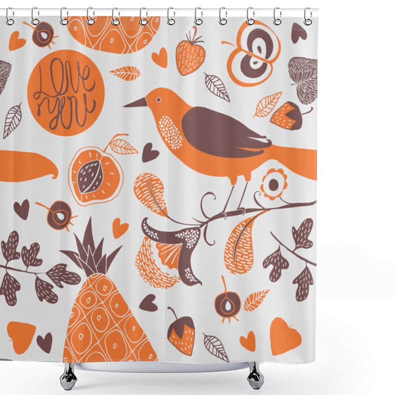 Personality  Illustration Of Birds, Flowers, Leaves And Fruits Shower Curtains