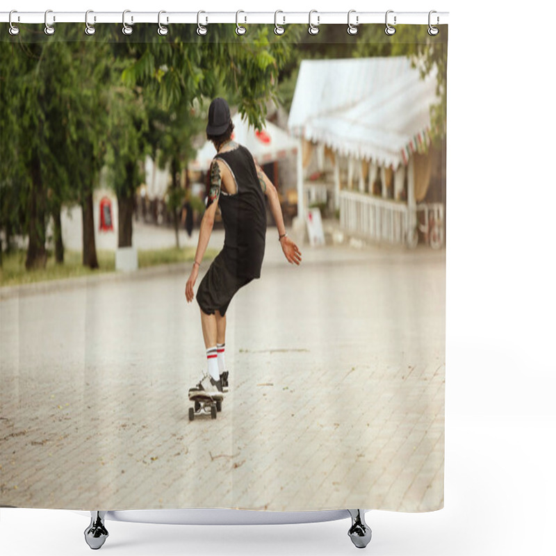 Personality  Skateboarder Doing A Trick At The Citys Street In Cloudly Day Shower Curtains