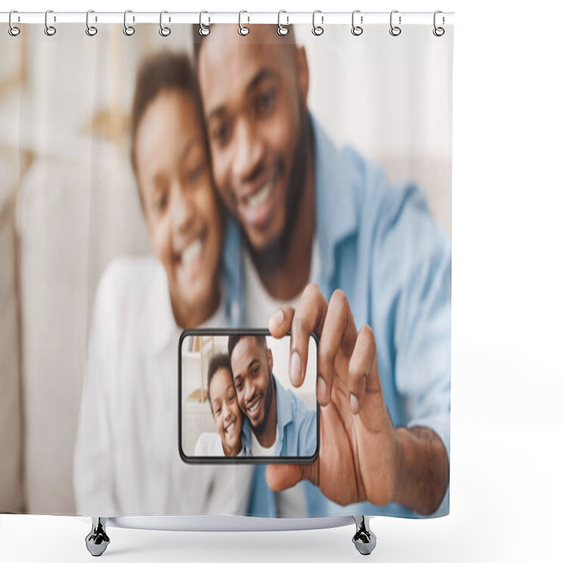 Personality  Selfie With Dad. Father And Daughter Taking Photo On Phone Shower Curtains