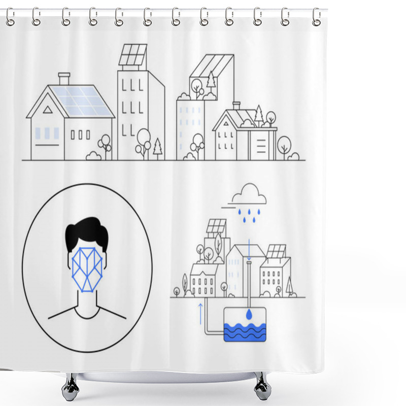 Personality  Solar-powered Houses, Rainwater Harvesting System, And AI Face Recognition In Circular Focus. Ideal For Green Energy, Smart Cities, Eco-architecture, AI, Sustainability, Water Conservation Abstract Shower Curtains