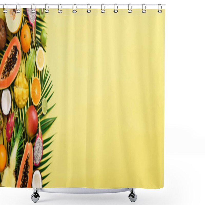 Personality  Exotic Fruits And Tropical Palm Leaves On Pastel Yellow Background - Papaya, Mango, Pineapple, Banana, Carambola, Dragon Fruit, Kiwi, Lemon, Orange, Melon, Coconut, Lime. Banner. Top View. Shower Curtains